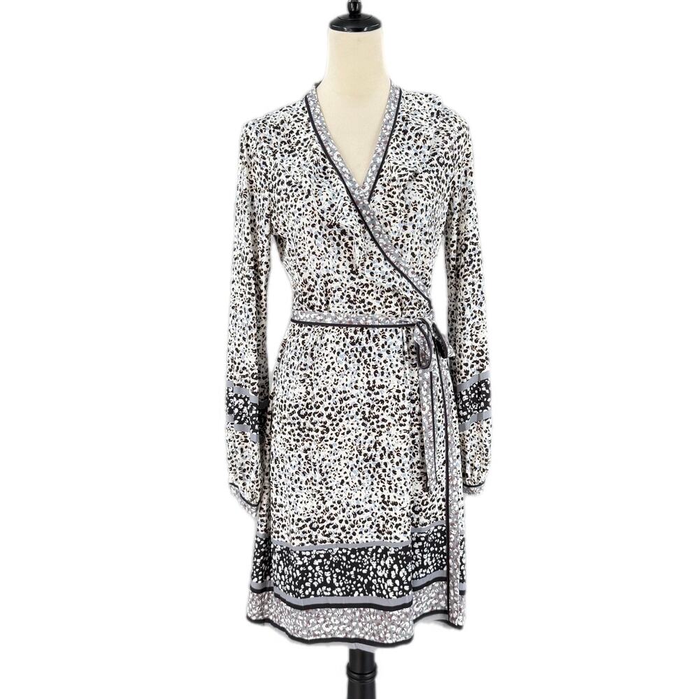 Hale Bob Black White Gray Animal Print Jersey Comfort Office Workwear Wrap Dress